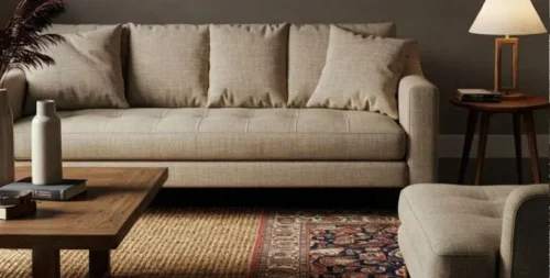 Phòng khách sang trọng với nhiều lớp thảm phối hợp hài hòa.